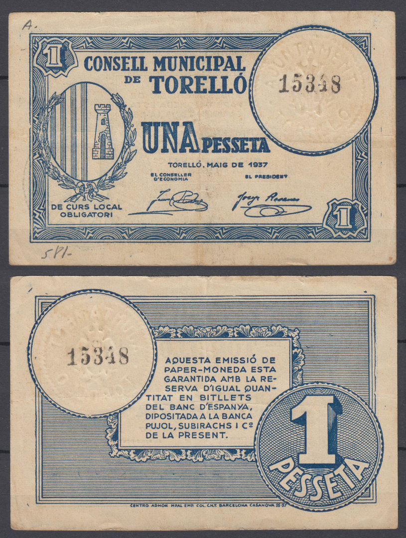 TORELLÓ. 1 PESSETA DE 1937.