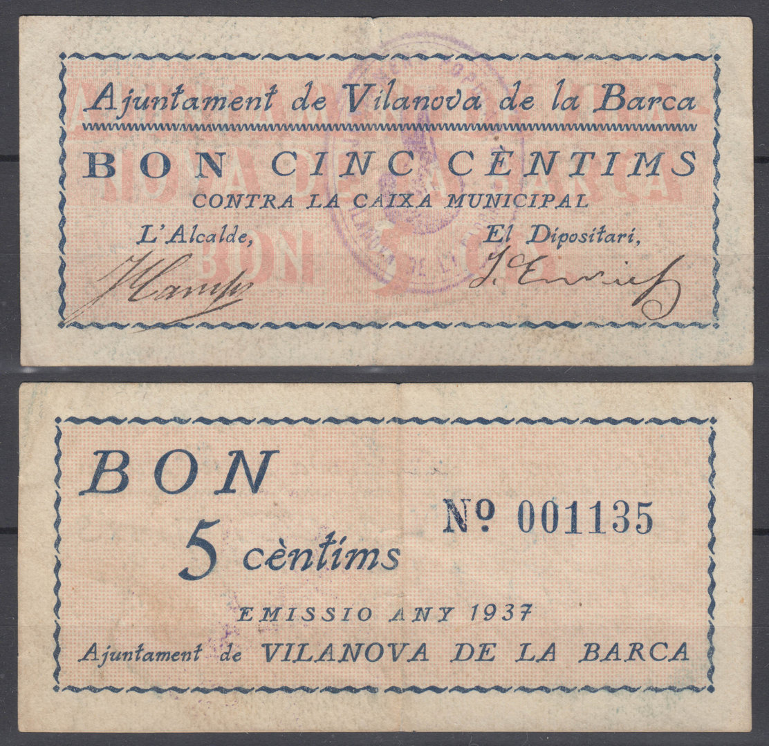 VILANOVA DE LA BARCA. 5 CÈNTIMS DE 1937.