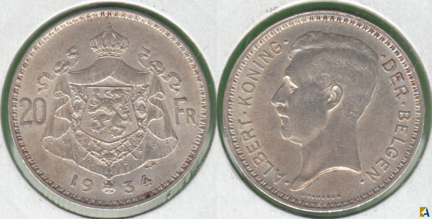 BELGICA - BELGIUM. 20 FRANCOS (FRANCS) DE 1934. PLATA 0.680. (3)