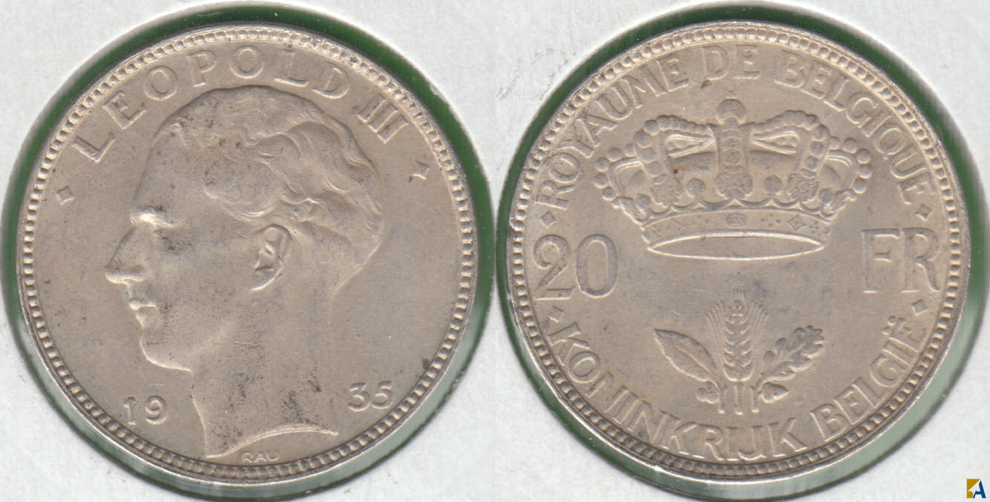 BELGICA - BELGIUM. 20 FRANCOS (FRANCS) DE 1935. PLATA 0.680. (2)