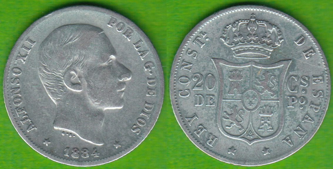 ALFONSO XII. 20 CENTAVOS DE PESO DE 1884. PLATA 0.835.