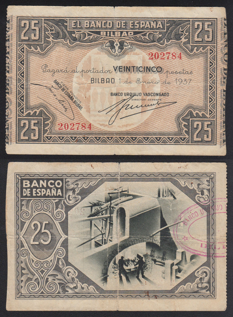 BANCO DE ESPAÑA. (BILBAO). 25 PESETAS DE 1937. SELLO ROJO.