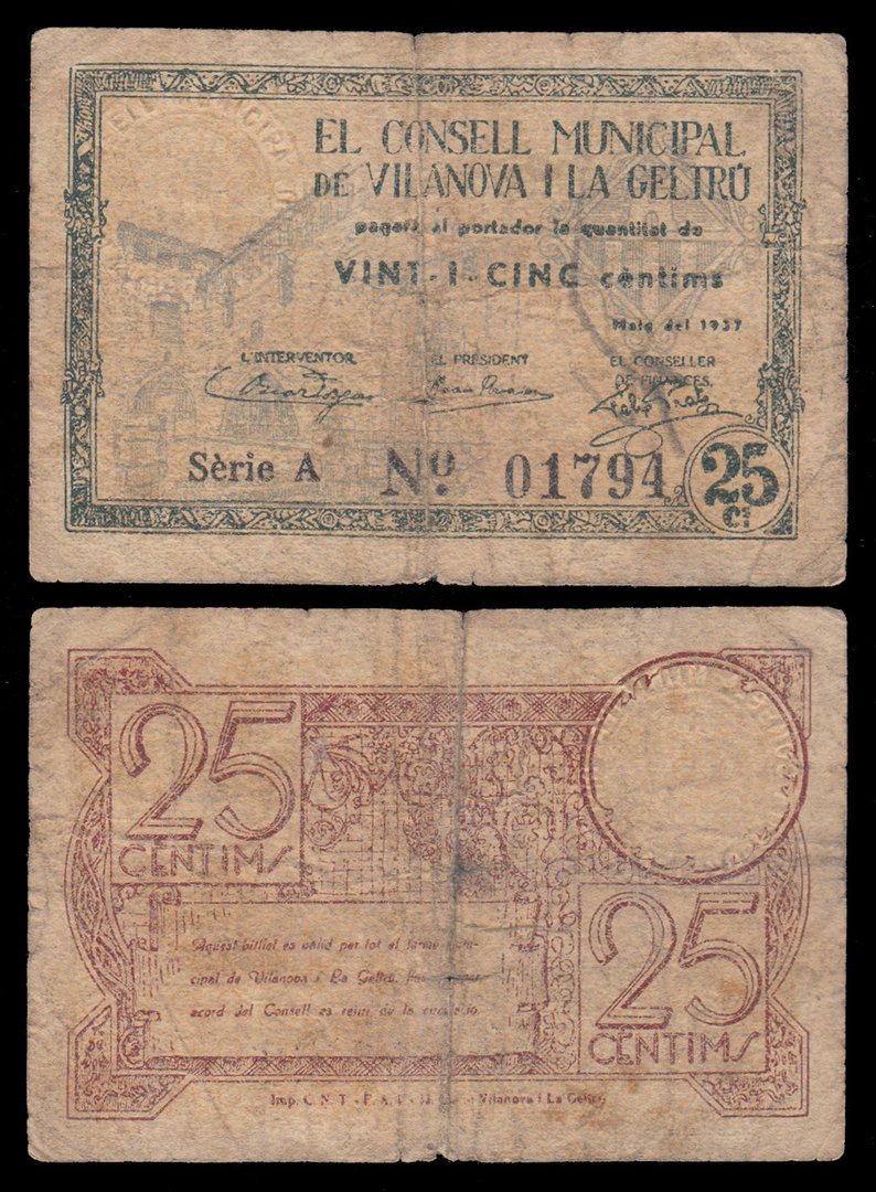 VILANOVA I LA GELTRÚ. 25 CÈNTIMS DE 1937. BC-. (2)