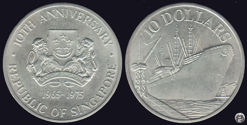 SINGAPUR - SINGAPORE. 10 DOLARES (DOLLARS) DE 1975. PLATA 0.500. (3)