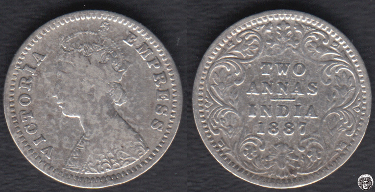 INDIA BRITANICA - BRITISH INDIA. 2 ANNAS DE 1887. PLATA 0.917.