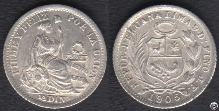 PERU. 1/2 DINERO DE 1905 JF. PLATA 0.900.