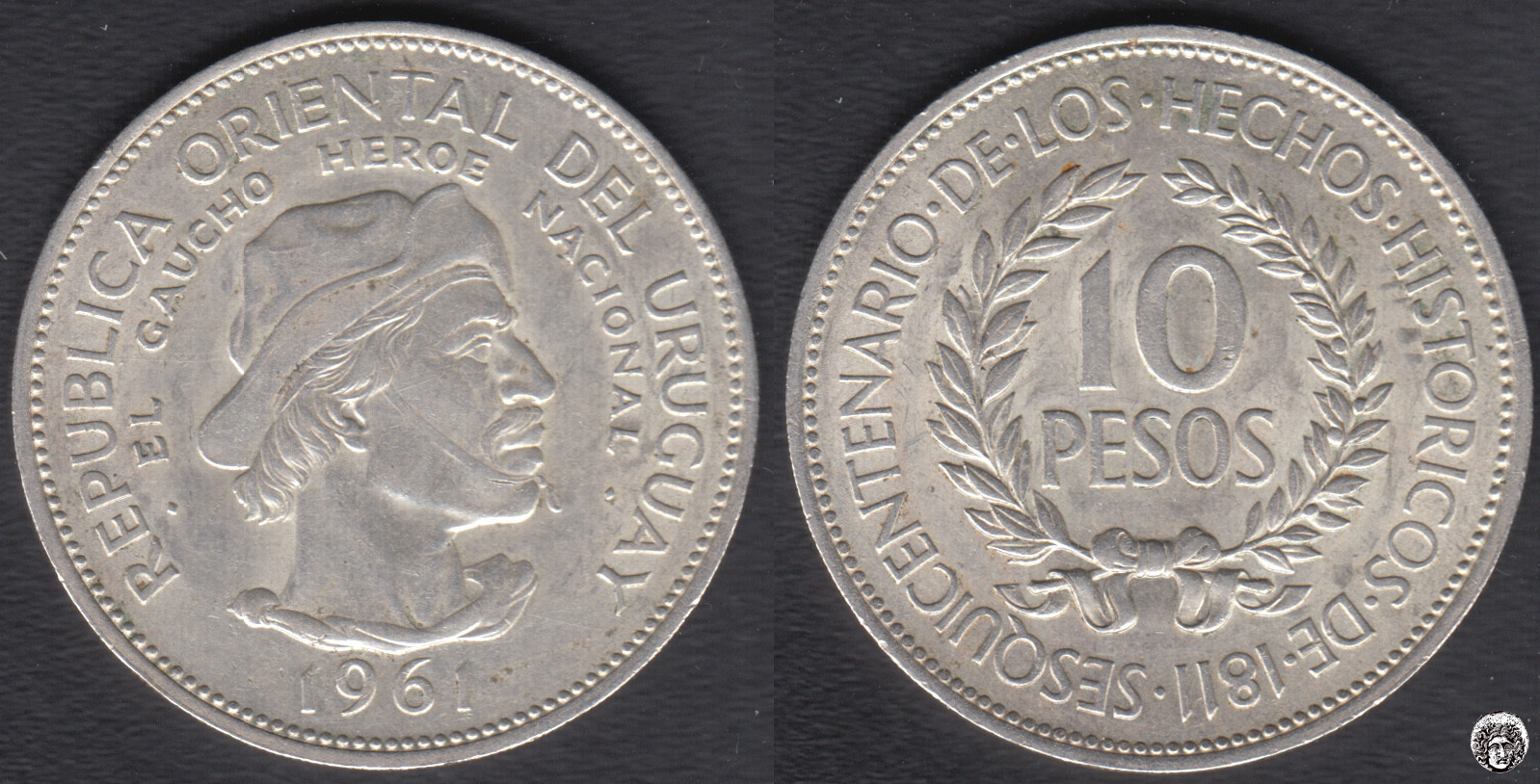 URUGUAY. 10 PESOS DE 1961. PLATA 0.900. (7)