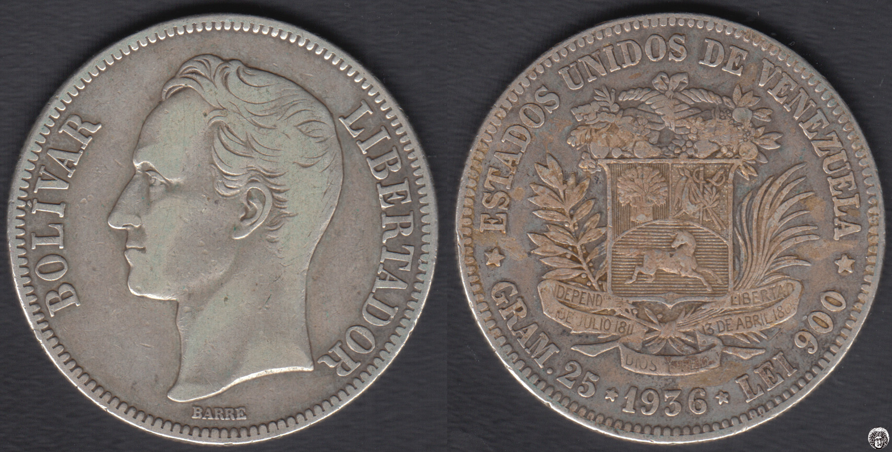 VENEZUELA. 5 BOLIVARES DE 1936. PLATA 0.900. (2)