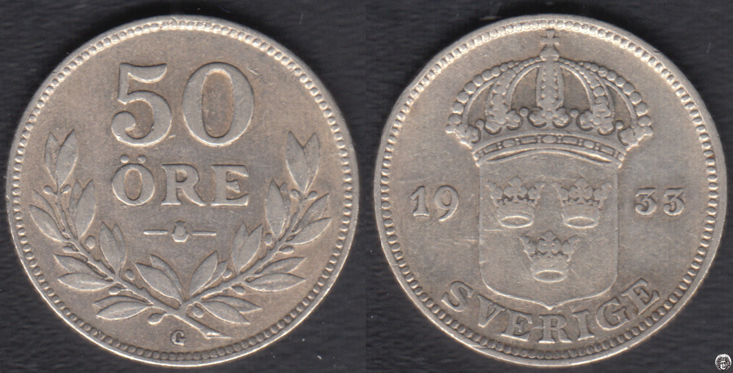 SUECIA - SWEDEN. 50 ORE DE 1933 G. PLATA 0.600.