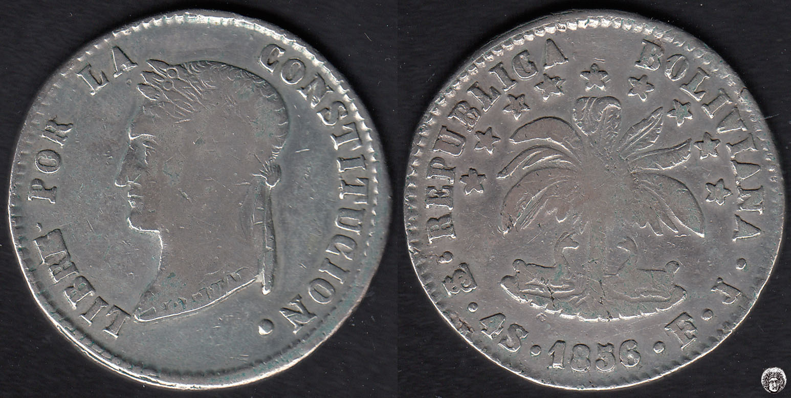 BOLIVIA. 4 SOLES DE 1856 FJ. PLATA 0.667.