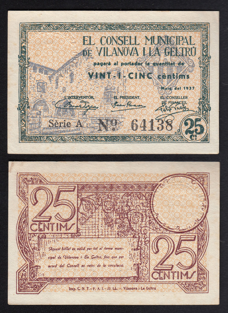 VILANOVA I LA GELTRÚ. 25 CÈNTIMS DE 1937. EBC+. (3)
