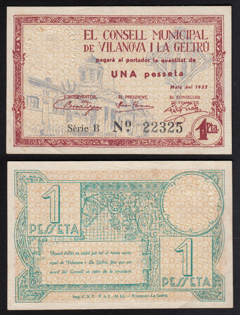 VILANOVA I LA GELTRÚ. 1 PESSETA DE 1937. SERIE B. EBC+. (2)