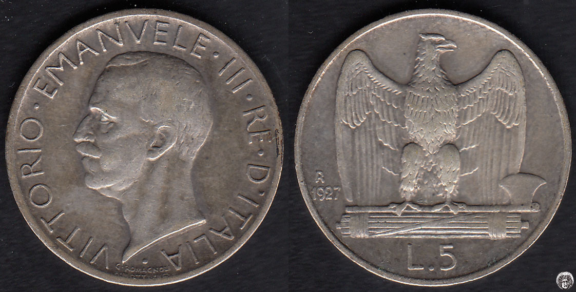 ITALIA. 5 LIRAS (LIRE) DE 1927 R. PLATA 0.835. (6)