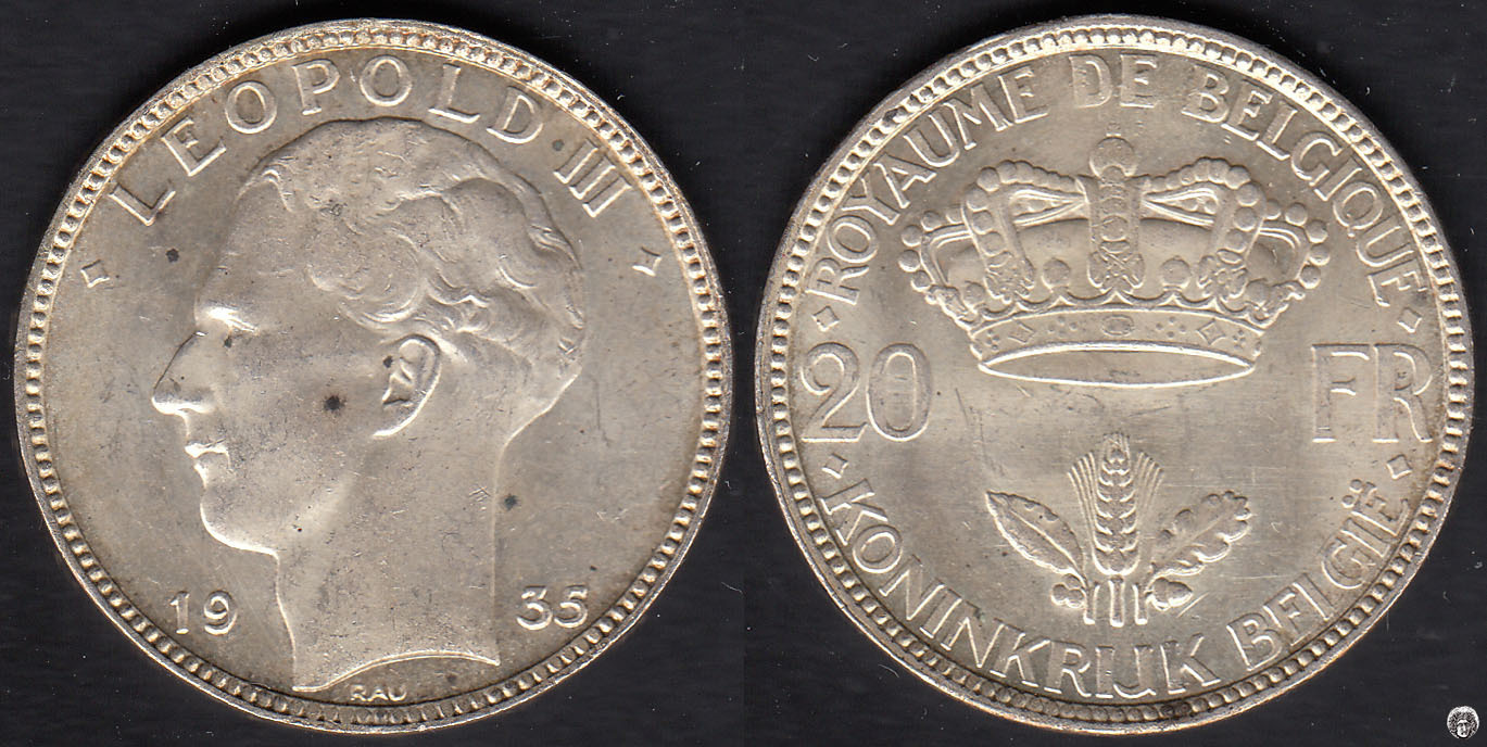 BELGICA - BELGIUM. 20 FRANCOS (FRANCS) DE 1935. PLATA 0.680. (3)