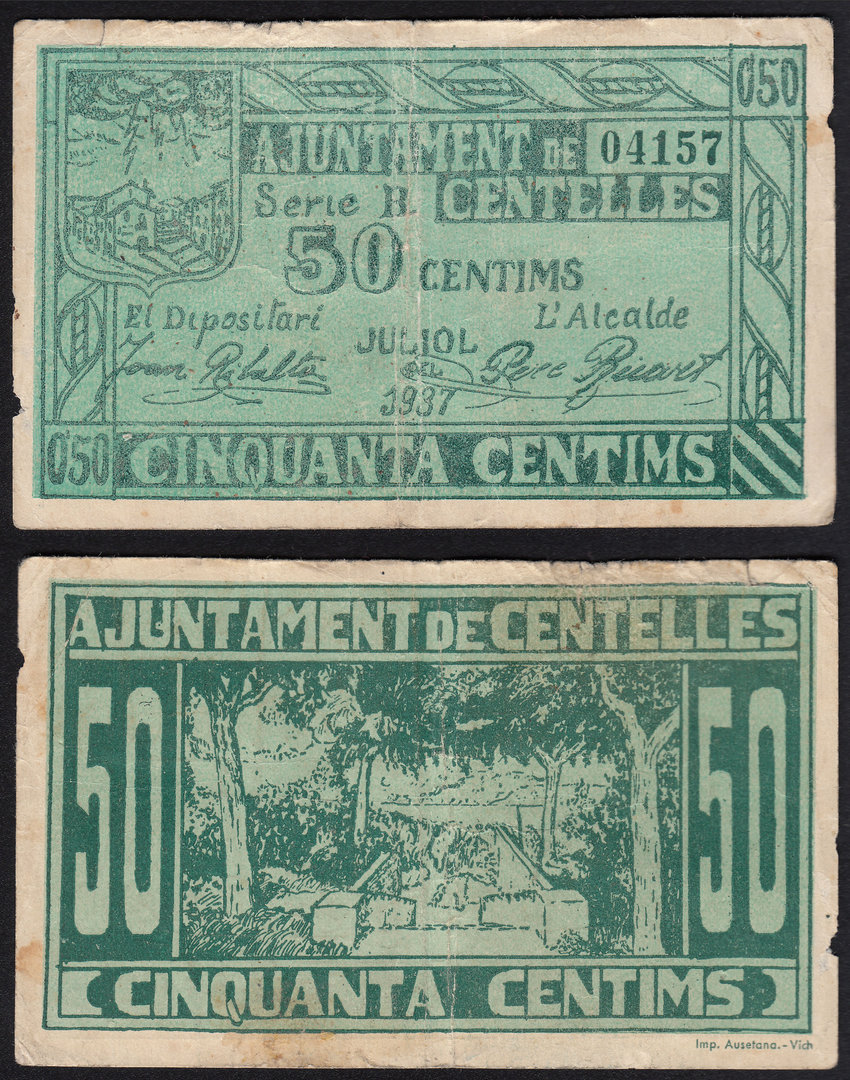 AJUNTAMENT DE CENTELLES. 50 CENTIMS DE 1937.