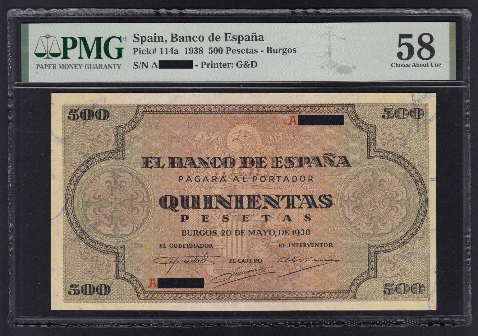 ESPAÑA. 500 PESETAS DE 1938. SERIE A. CERTIFIFADO PMG 58.