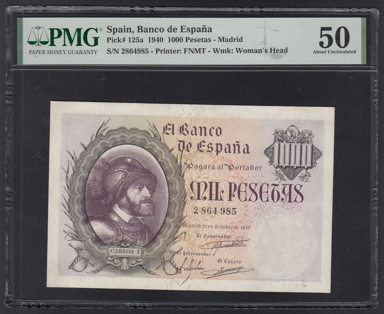 ESPAÑA. 1000 PESETAS DE 1940. CARLOS I. CERTIFICADO PMG 50.